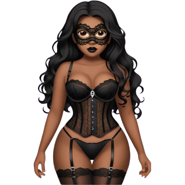 Curvy woman with brown skin with long wavy black hair, dark brown eyes. She's wearing a see through black lace corset, black lace thong, black stockings and suspender belt, wearing a ghost face mask emoji