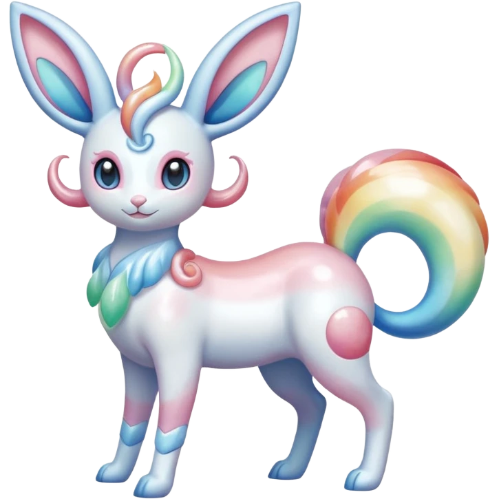 Pearlescent Milky-White Opalescent Rainbow-Tinted Soft-Glowing Celestial Sylveon-Milotic-Cresselia-Fakémon-creature (full body) emoji