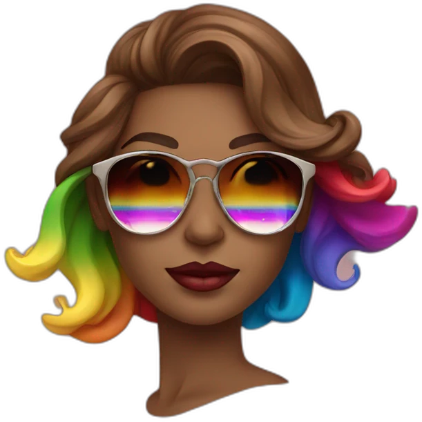 gay pride sunglasses on female head with wavy brown hair and rainbow lipstick emoji