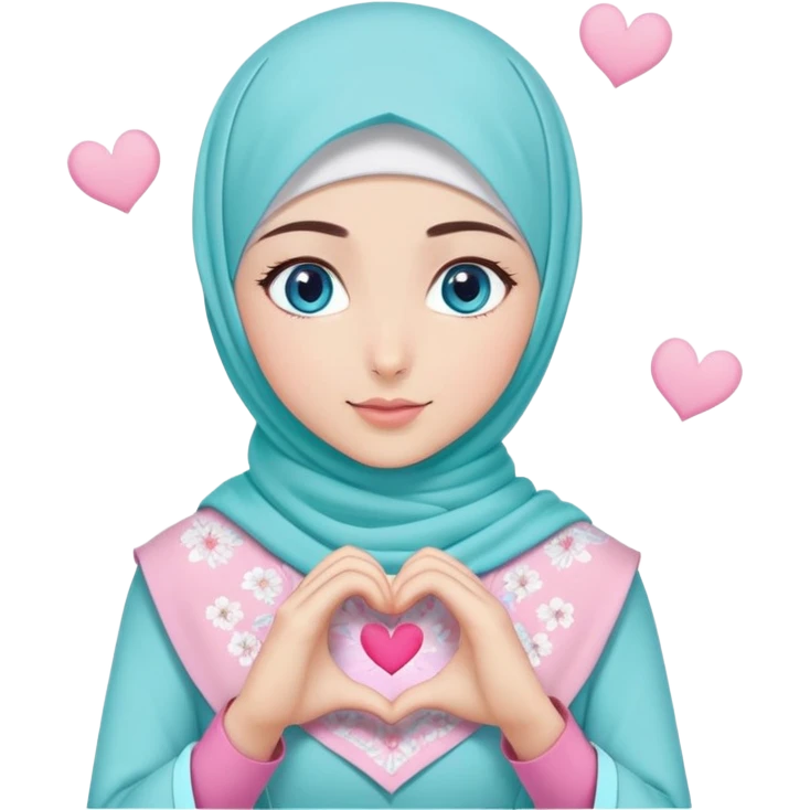 Turkish beautiful finish Konya girl blue eyes with light turquoise sakura and pink hijab islamic dress and making heart with hands and with thank you text emoji