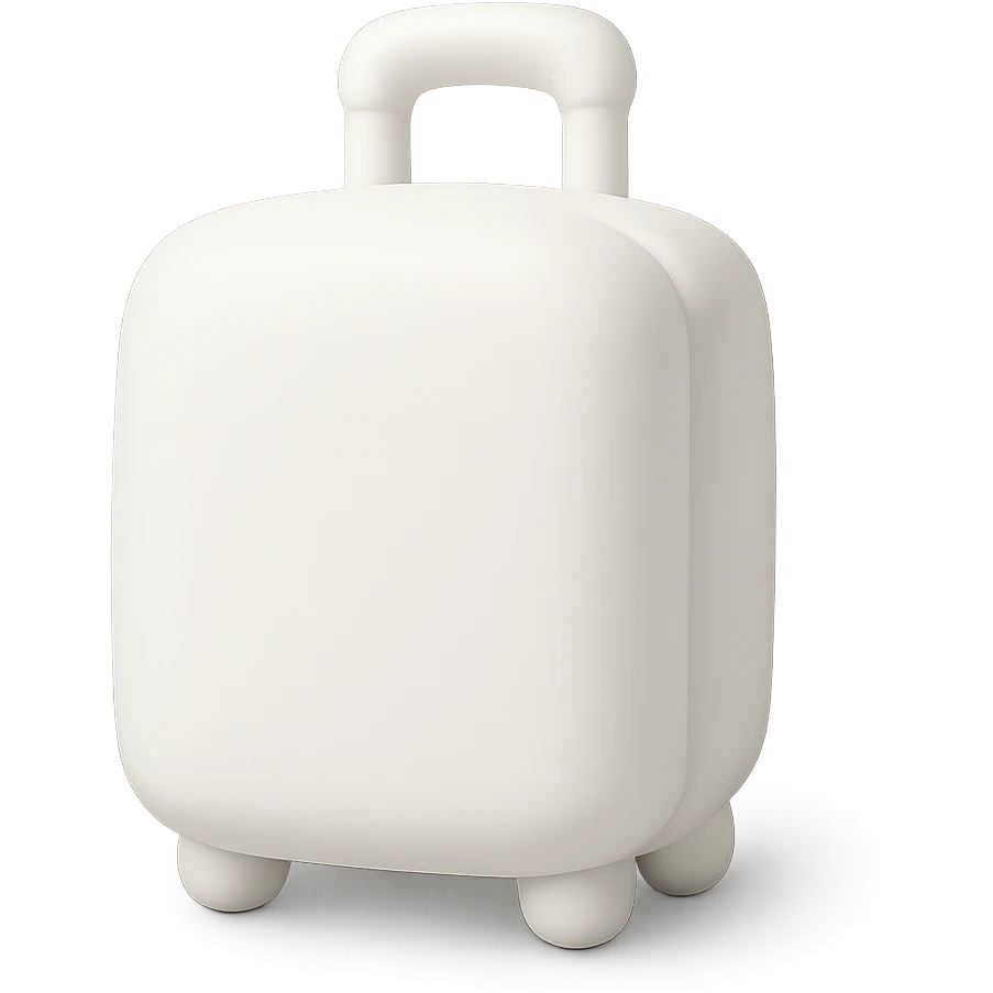 white suitcase on wheels, mochi style, with handle, soft shadows and highlights, pure white color, transparent background, no decoration emoji