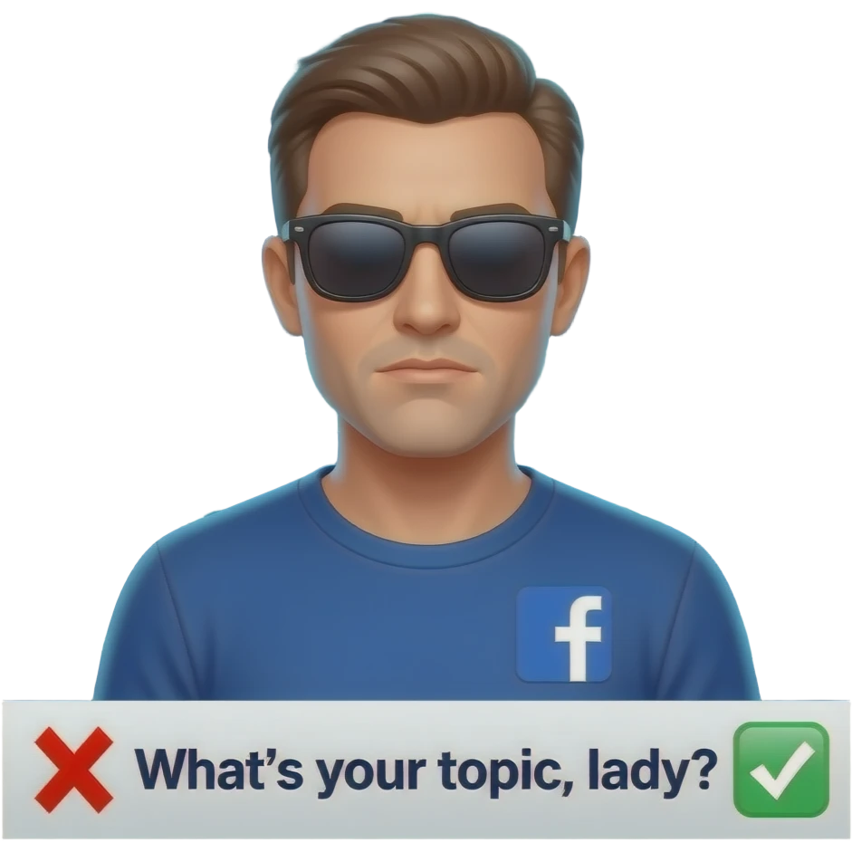 A informal man with sunglasses, glowing digital, symbols on the around, a left side Facebook logo, on the left shoulder, looking at viewer, a serious. Text on below banner: 'What's your topic, lady?' shimmering a red x cross and a green check icons emoji