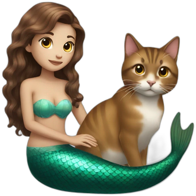 Mermaid with brown hair marries a cat emoji
