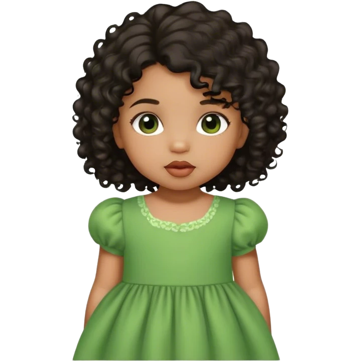 light brown skin tone, very adorable toddler, with big plump lips, long long lashes, black curly hair, middle hair parting, brown eyes, green dress emoji