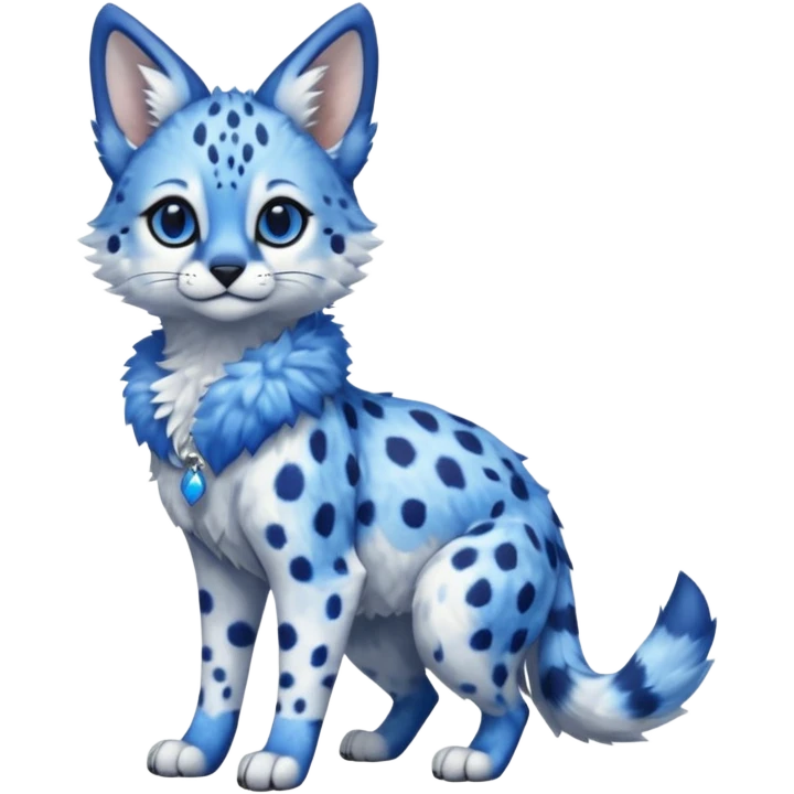 Cute, realistic, furry, big-eyed Cobalt-blue, sapphire-blue-spotted, white-pointed, exotic Serval-sergal-Trico-fusion-animal-hybrid, full body, with a gradient sky-blue fur coat emoji