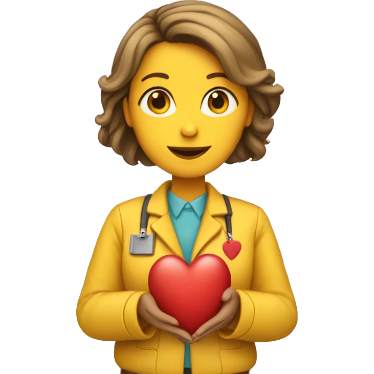 A female teacher in a yellow jacket holds a heart in her hands emoji