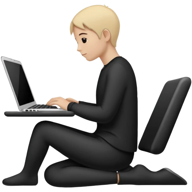 Minimalistic flat vector icon, iOS style, thin black contour on white background. Person silhouette sitting with a laptop, code brackets <> on the screen. Clean, no te emoji