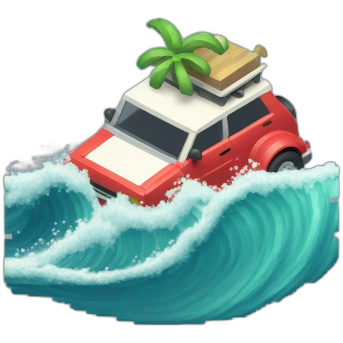 A small car surfing a big wave in pixel art emoji