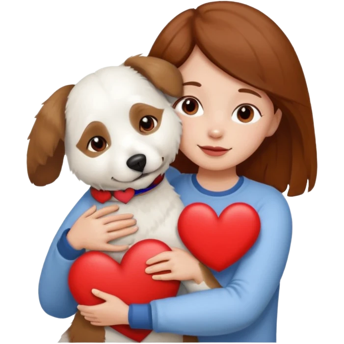 Older white bishon dog in hug with girl with brown hair and red heart between them emoji