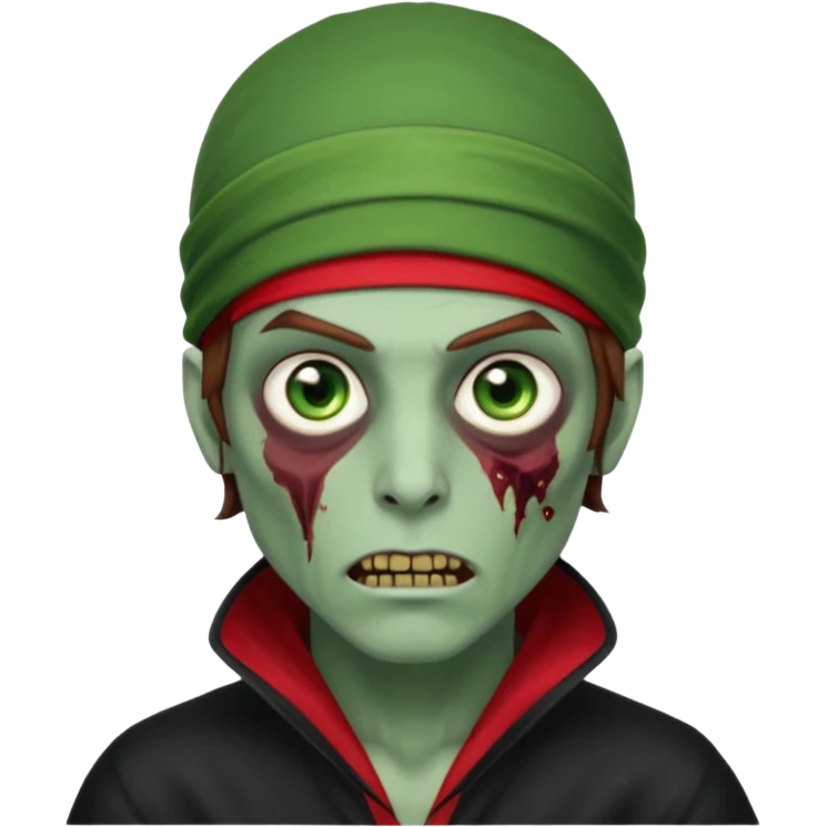 Red durag, men zombie with brown hair color and green eye color, with dark vampire clothes, green skin emoji