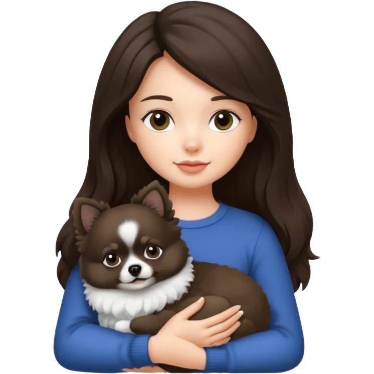 an brunette hair girl holding her pomeranian dog that looks like a panda emoji