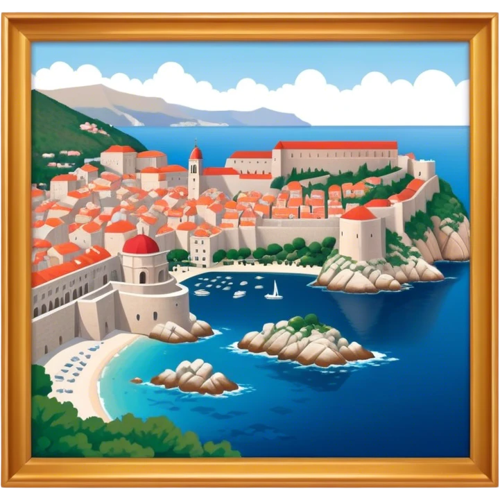 Cinematic Realistic aerial view of the historic city of Dubrovnik, showcasing its iconic red-roofed architecture, fortified walls, and sparkling Adriatic coastline, rendered with rich textures and warm Mediterranean lighting that captures its old-world charm. emoji