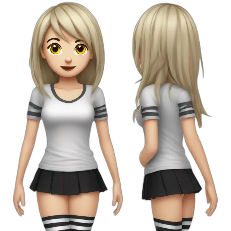 Frontal view curvy emo girl sits white skirt striped stockings hands up emoji