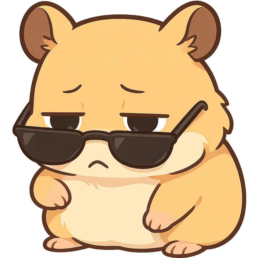A hamster wearing sunglasses, the sunglasses have slipped down to the bottom of the eyes, the hamster lowered his head, his eyes were dull, emoji