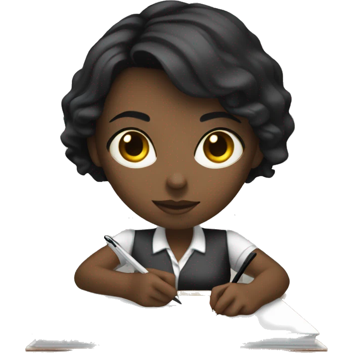 white woman with short black hair writing  a notebook on a desk emoji