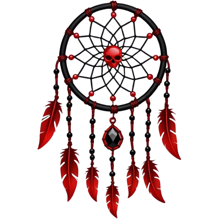 Blood-red, bloody, obsidian-black, edgy, dream catcher, red gemstones, black wires, black threads, tiny skulls, whie feathers emoji