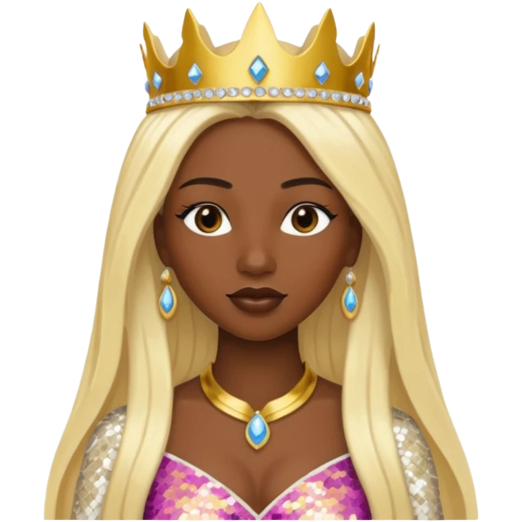 Queen of Sheba from The Bible with dark skin, long blonde hair, ivory sequin outfit emoji