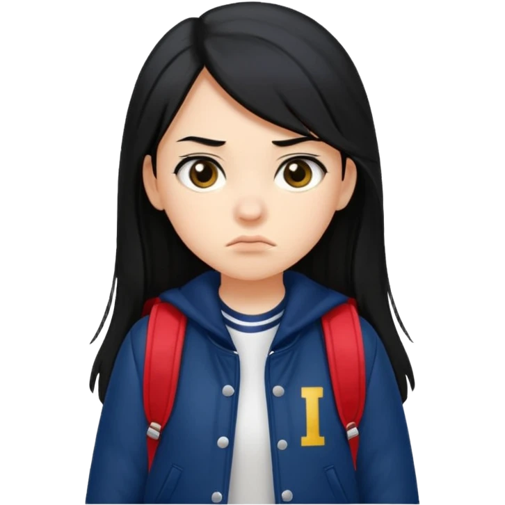 college student with annoyed face , black hair , with navy varsity jacket( initial I) and backpack , girl, long hair,  emoji
