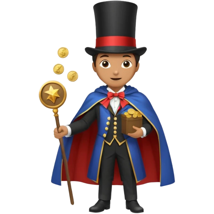 Magician with top hat,Street Performers,background street setup, with coins box, foot path view. emoji