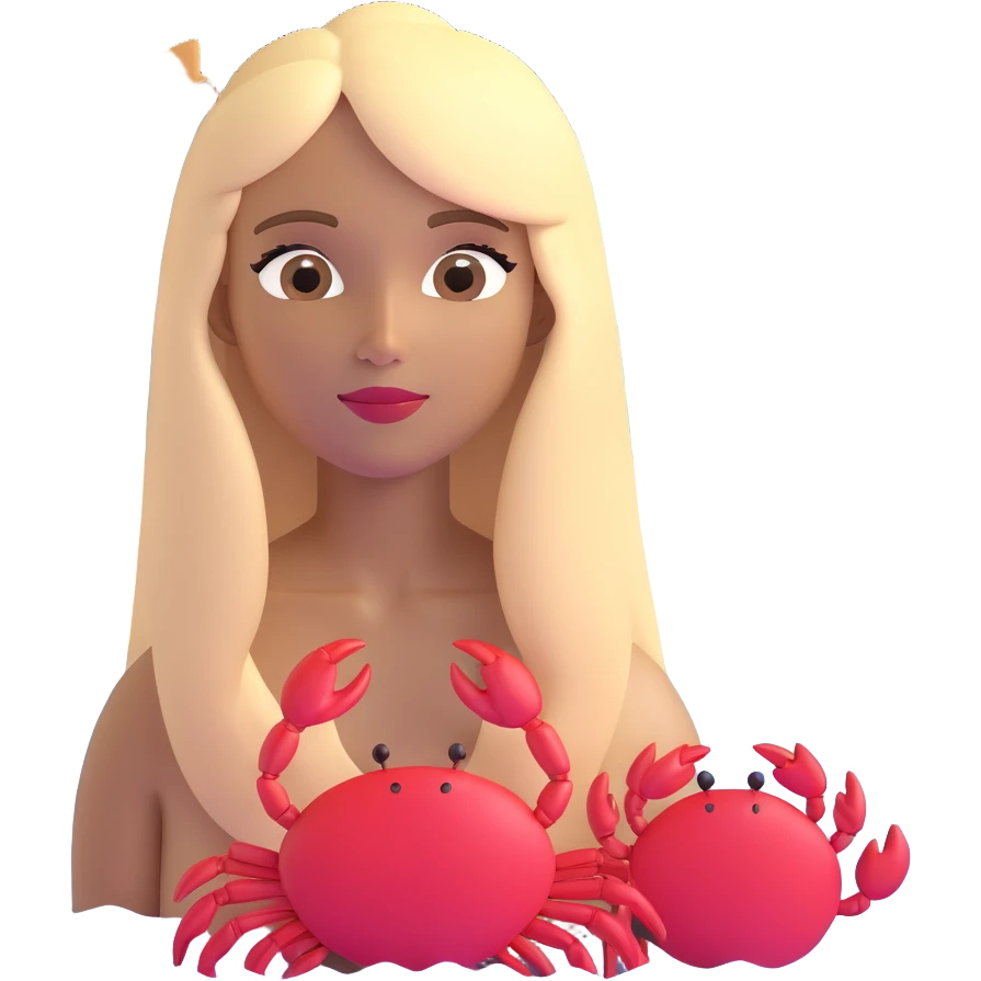 woman with long straight darker blonde hair, light brown skin, with the three iconic arches of Atalaia Beach (Aracaju-SE) in the background, and a small crab as a detail near her emoji