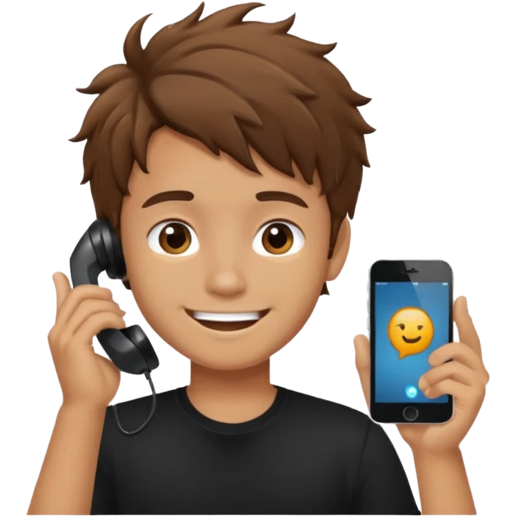 generate a pretty tan bratz boy with brown messy hair smiling while talking on call. Wearing a black tshirt emoji