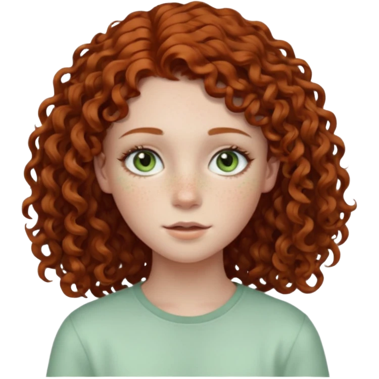 pale teen girl with light green eyes and freckles that has curly auburn hair in a middle part emoji