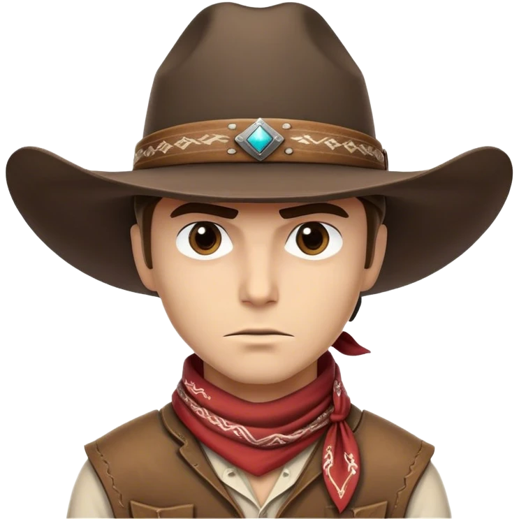 Clash of Clans aesthetic friendly Cowboy Portrait Emoji, With a rugged yet stylized build wearing a classic wide-brimmed hat and bandana, his face rendered in a natural skin tone (not yellow), determined eyes and a steely gaze, Simplified yet dynamic features, highly detailed, glowing with a warm, sunlit frontier radiance, high shine, brave and spirited, stylized with an air of Wild West heroism, focused and ready, soft glowing outline, capturing the essence of a fearless cowboy adventurer ready to ride into epic quests! emoji