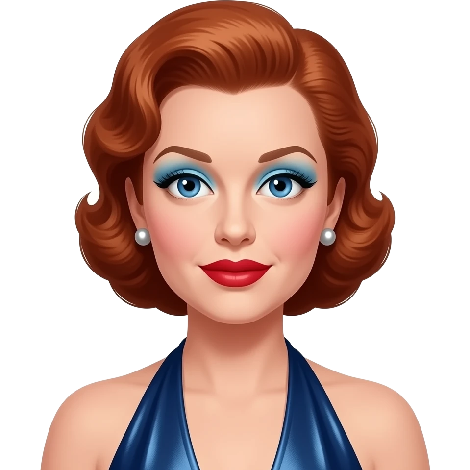 Lucille Ball with blue eyes, red hair, periwinkle eyeshadow, red lipstick, dark blue metallic halter dress, silver earrings emoji