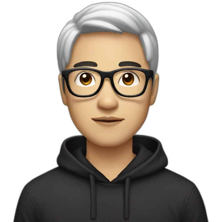 White skin Asian Guy with long black hair and square glasses and black hoodie emoji