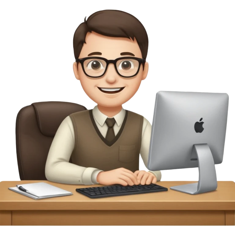 happy man at desk with computer, grinning emoji