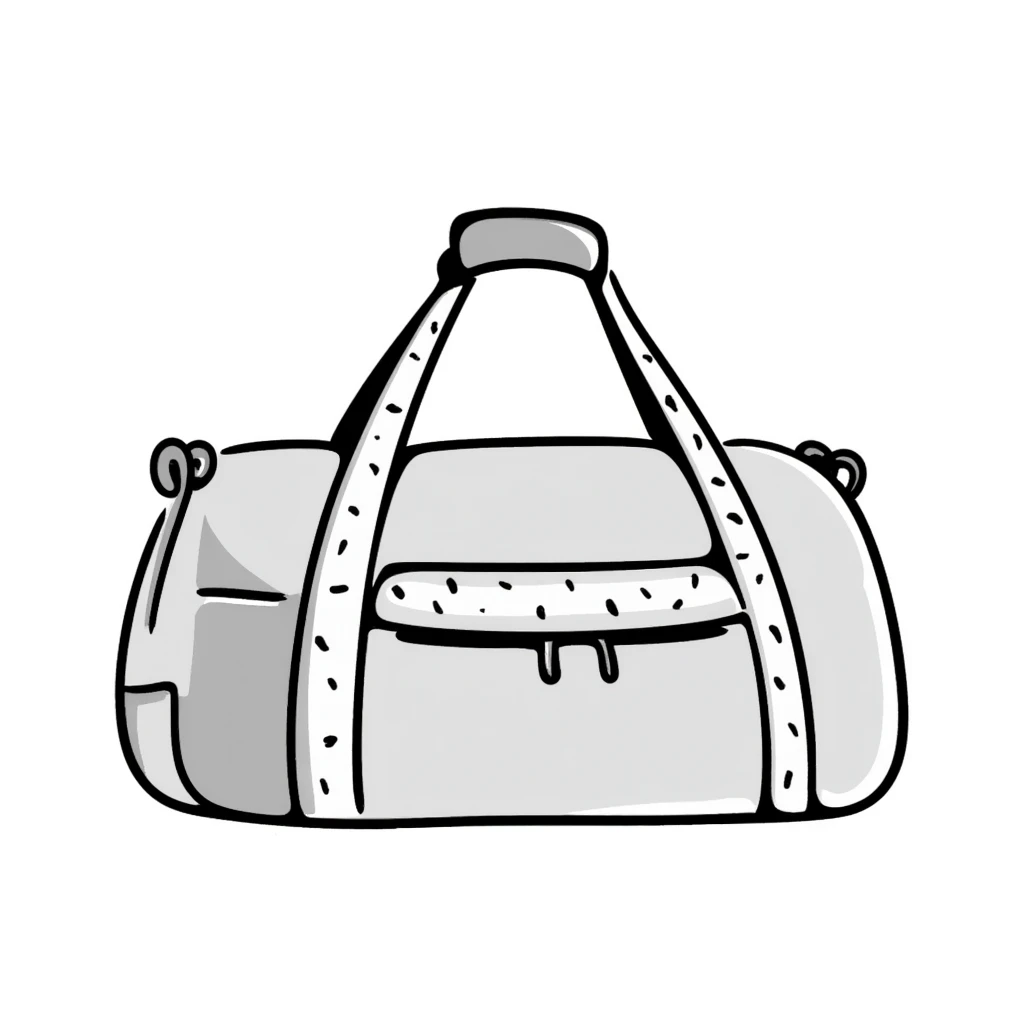 A sports duffel bag with straps and pockets in pastel colors (dd9fb0, ffc6d3, a3bfc9, c4bee2, f1b091), hand-drawn doodle style emoji
