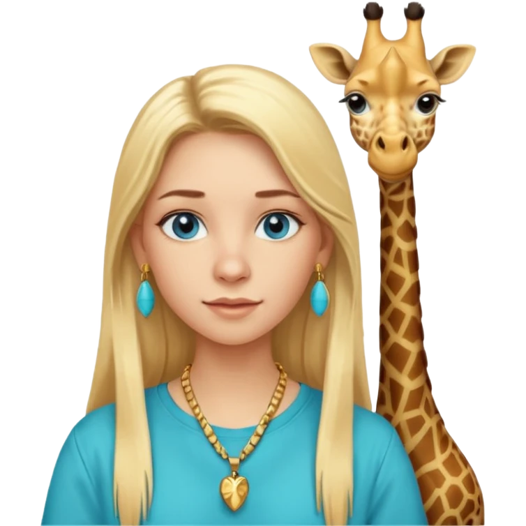 Swedish girl blonde long straigt hair blue eyes turqoise shirt gold earings girrafe necklace gold small emoji