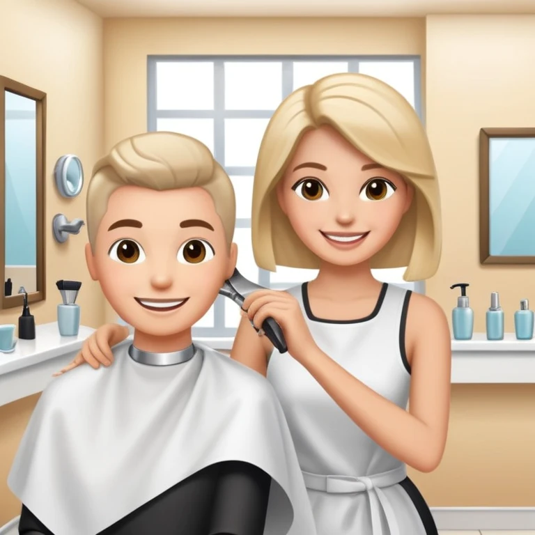 happy woman getting a haircut in a welcoming salon, both client and hairstylist smiling, no threatening elements emoji