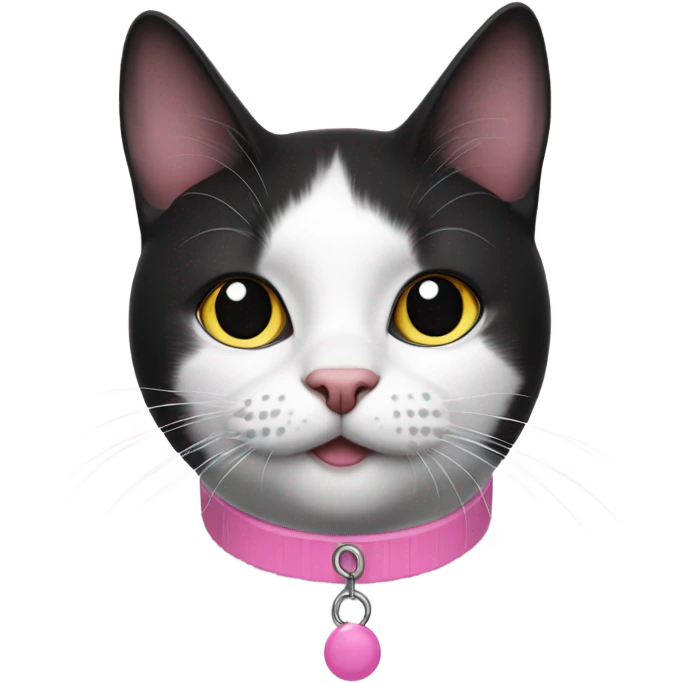 Black and white cat with a black spot on nose and pink collar emoji