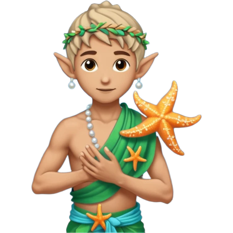 elf male Sarong with bioluminescent embroidery, armful of starfish, hair in a braid with pearl pins, pixel art style emoji