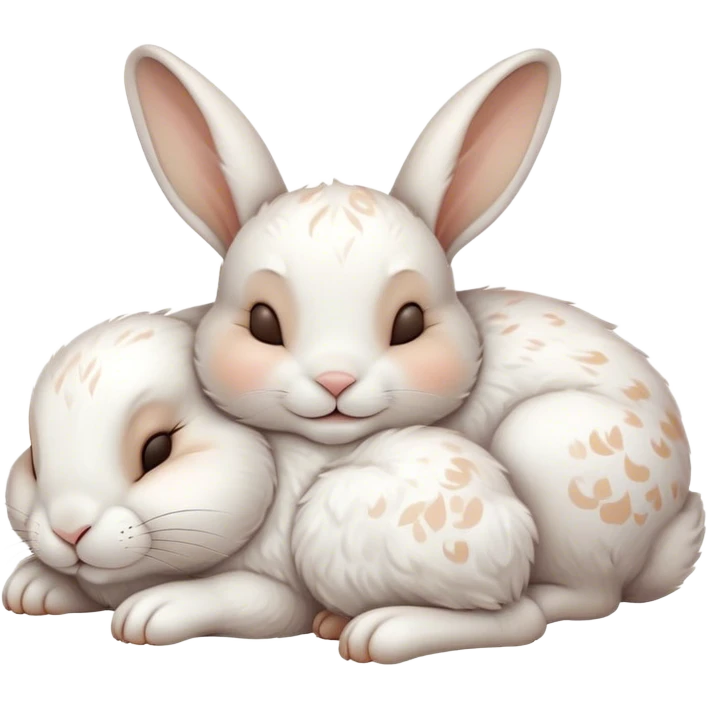 Meme-Worthy Cute Sleeping White and Brown Rabbit Portrait Emoji, Head resting peacefully with a contented smile, showcasing a delightfully balanced build and a luxuriously soft patterned fur of white and brown, eyes shut in a serene nap, Simplified yet hilariously adorable features, highly detailed, glowing with a soft, drowsy light, high shine, relaxed and utterly lovable, stylized with an air of playful laziness, bright and heartwarming, soft glowing outline, capturing the essence of a comically sleepy bunny, so meme-worthy it feels like it could instantly become the next viral sensation of adorable slumber! emoji