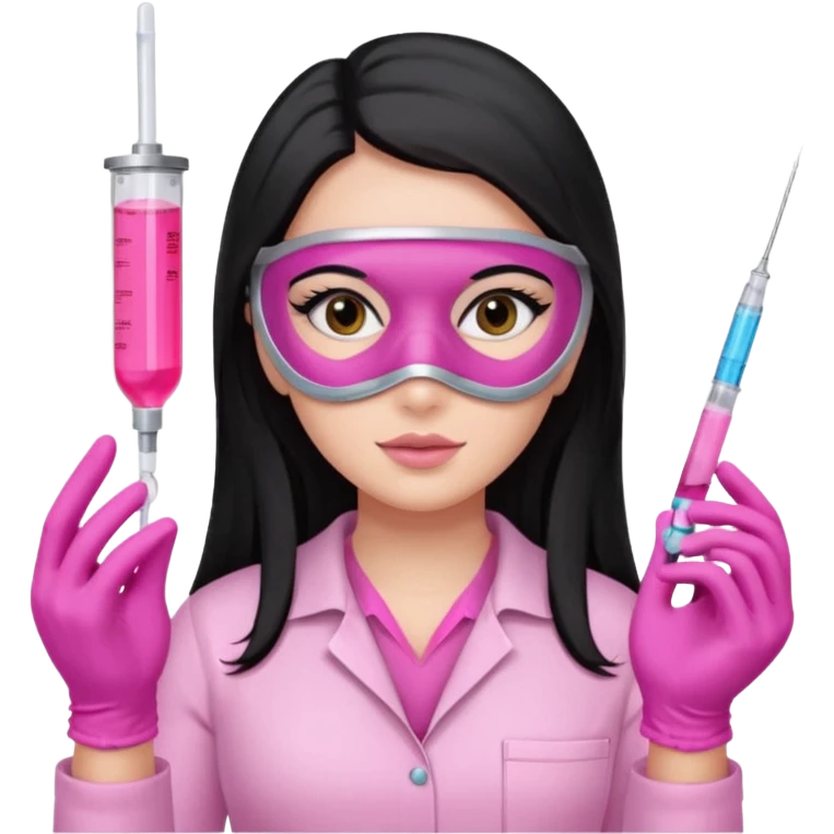 laboratorista con guantes rosa y mascarilla rosa jeringa tubo laboratorio sin lentes y ojos negros cabello largo negro color ojos oscuro color y cabello largo lacio guantes camisa y maascarilla mismo color emoji