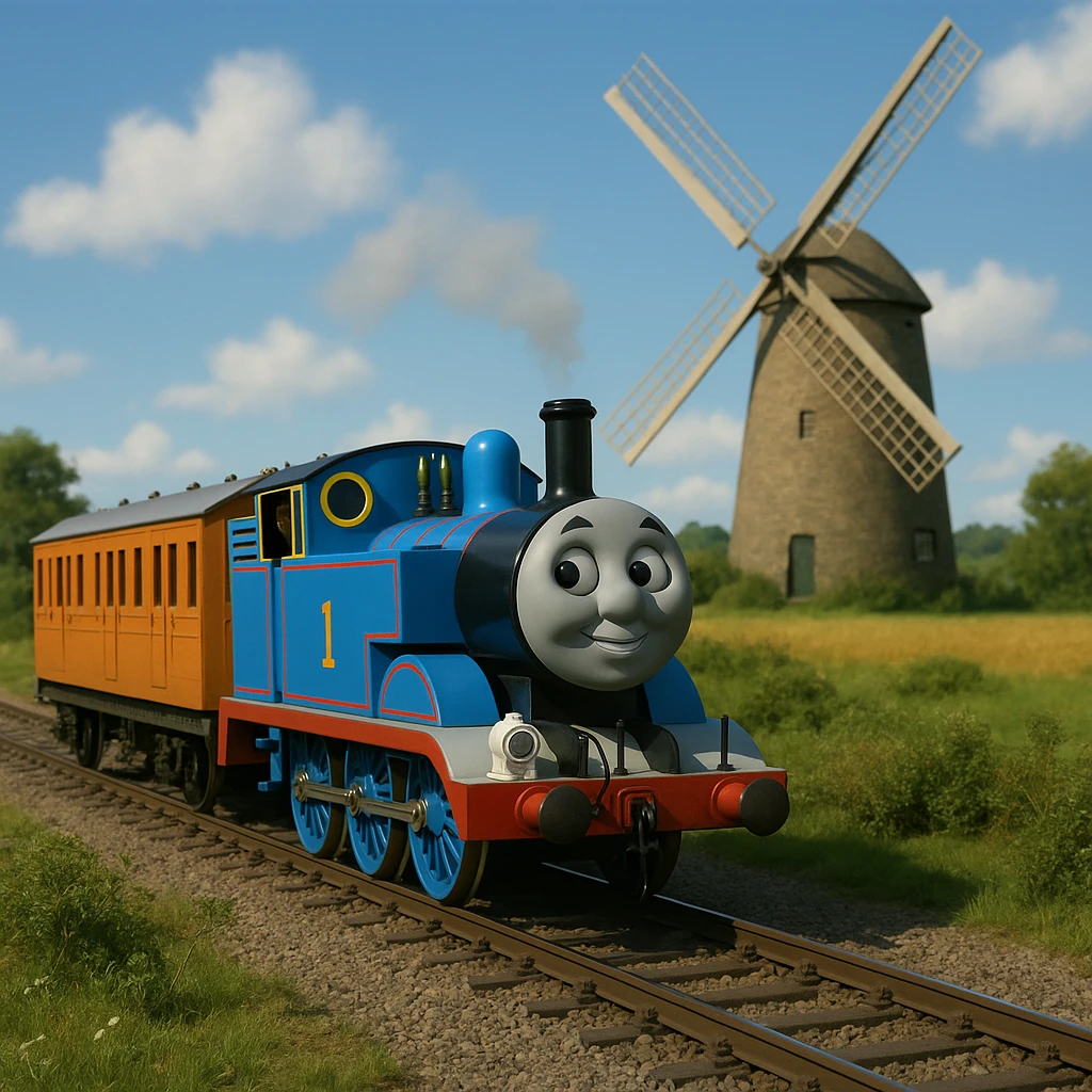 Thomas the Tank Engine pulling Annie and Clarabelle near a windmill, TV show style, blue train, orange and cream coaches, realistic background, no text emoji