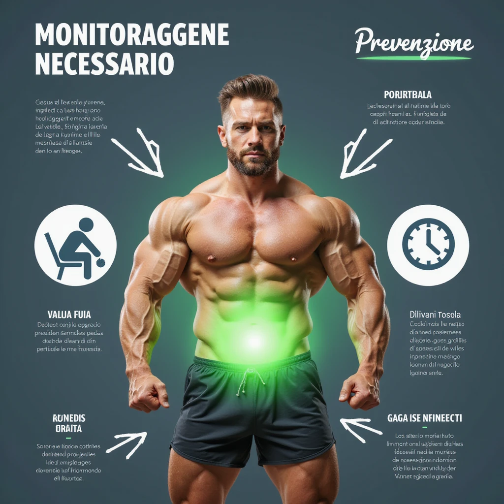 realistic infographic in Italian: bodybuilder with lower torso highlighted by green halo, arrows pointing to 'Monitoraggio necessario' and 'Prevenzione', attention icons, medical style, white background emoji