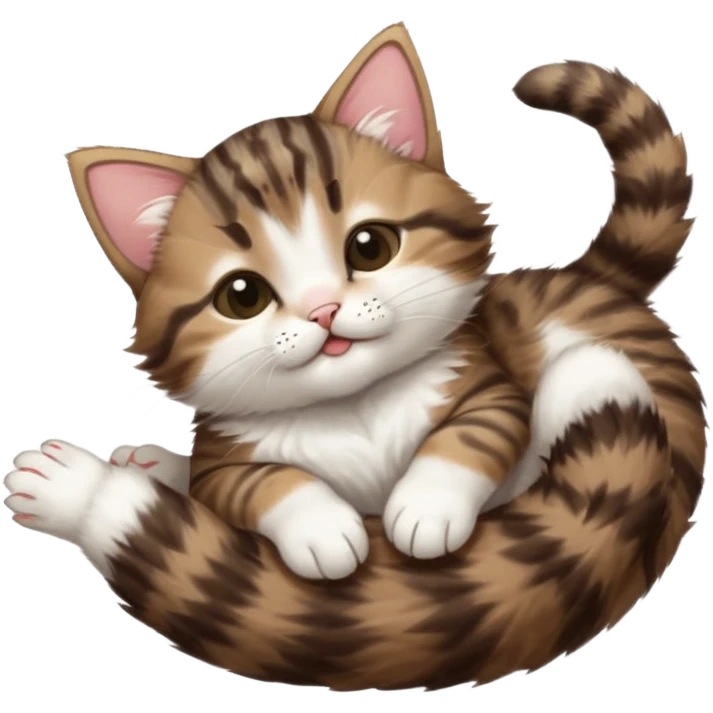 dark brown tabby and white kitten with his eyes closed whilst in funny positions stretched out and  upside down emoji