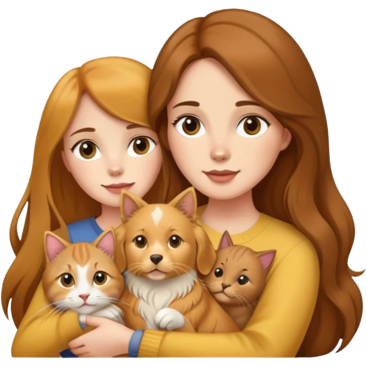 Woman with long brown hair holding a golden retriever dog and three cats emoji