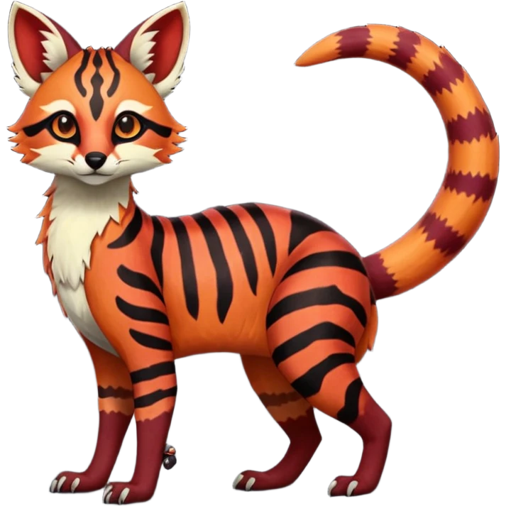 Rare realistic red burgundy sanguine orange black gradients lush tropical exotic cute epic pretty beautiful handsome gorgeous aesthetic colorful vibrant Vernid-Protogen-Primagen-Wickerbeast-Genet-Trico-species-Fakemon-hybrid-creature by LiLaiRa, beautiful intricate markings, full body emoji