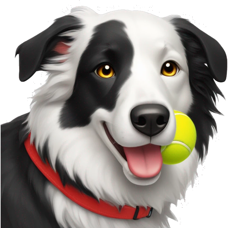 Black and white border collie dog with red collar and yellow tennis ball in her mouth emoji
