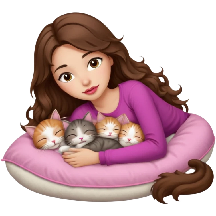 girl with long wavy brown hair, brown eyes, long lashes makeup, sexy pink lips, light to medium complexion, sleeping on a cozy pillow, with 6 cute cats, sleeping emoji