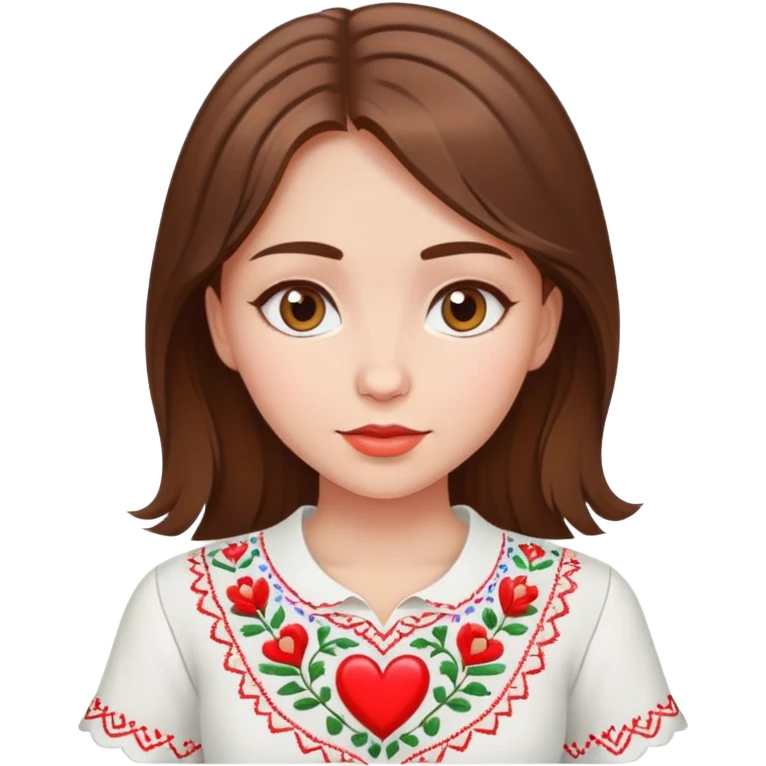 beautiful young girl with brown hair wearing a white Ukrainian embroidered shirt with a big heart design emoji