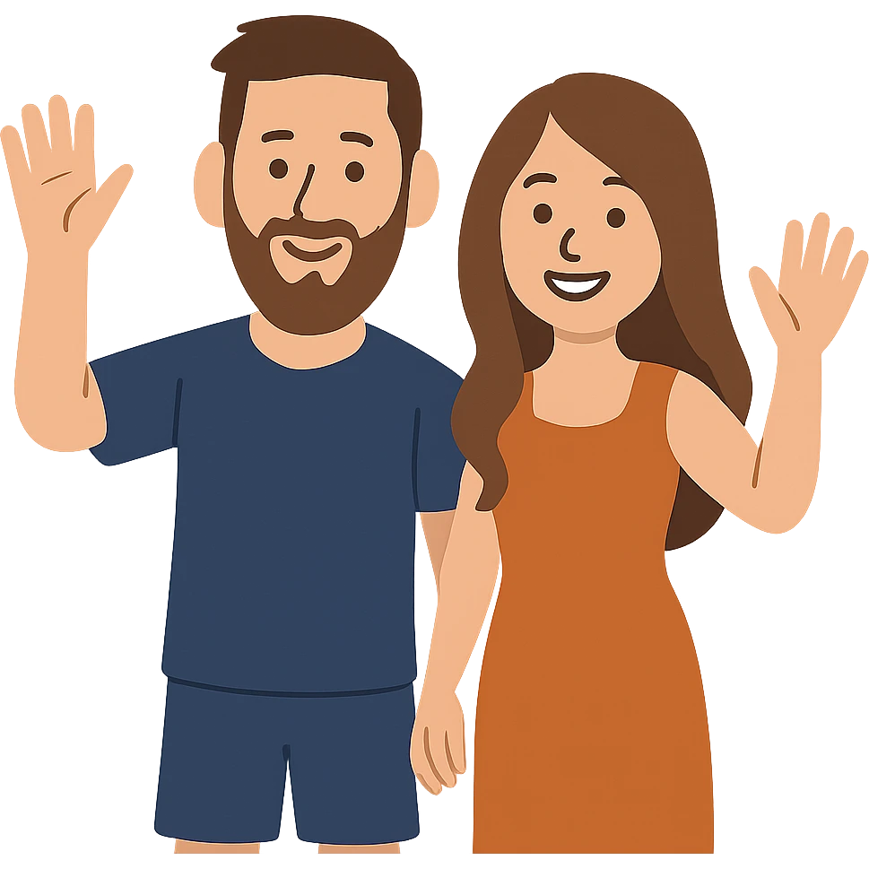 flat toon style Messi and Antonella waving emoji