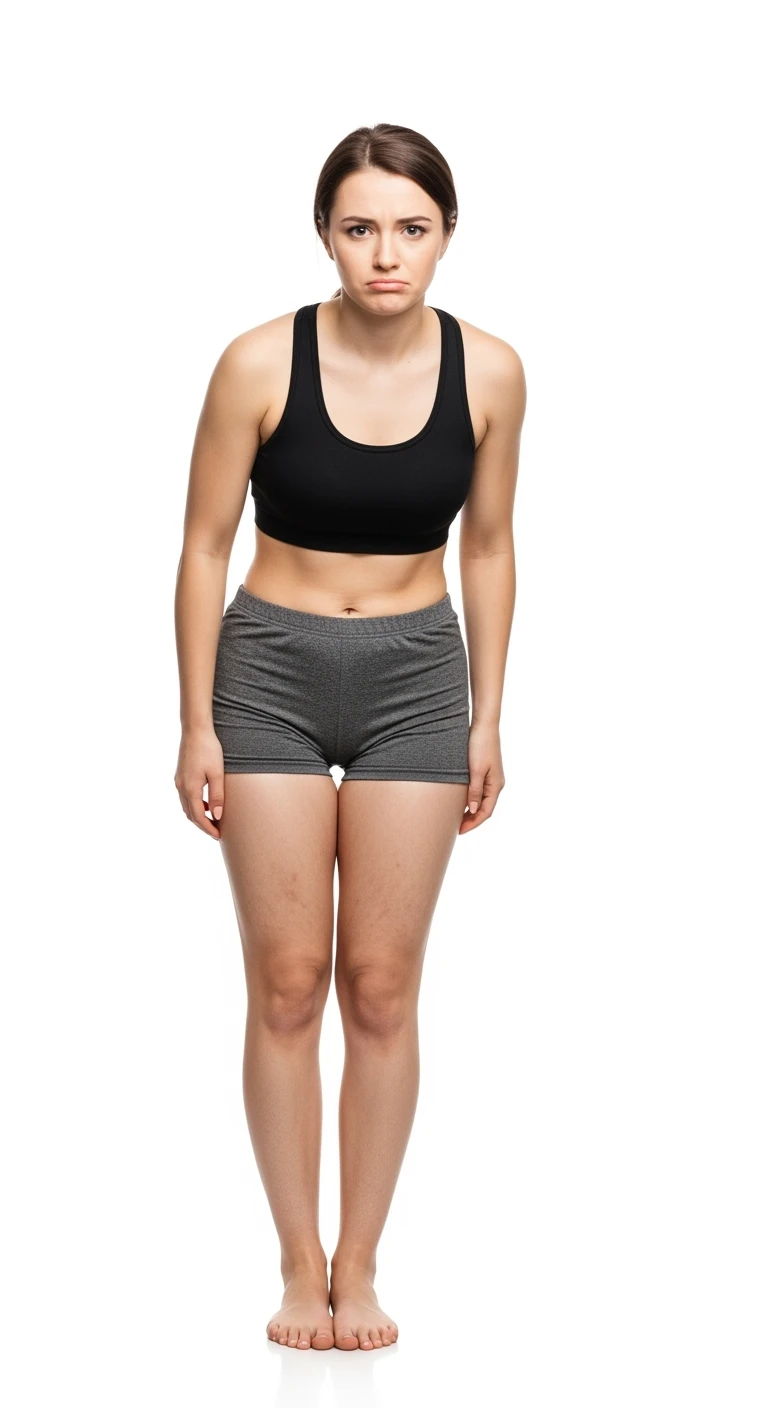 donna giovane con cellulite buchi di cellulite e ritenzione in gym short leggermente piegata in avanti, con espressione dispiaciuta in volto isolata su sfondo bianco emoji
