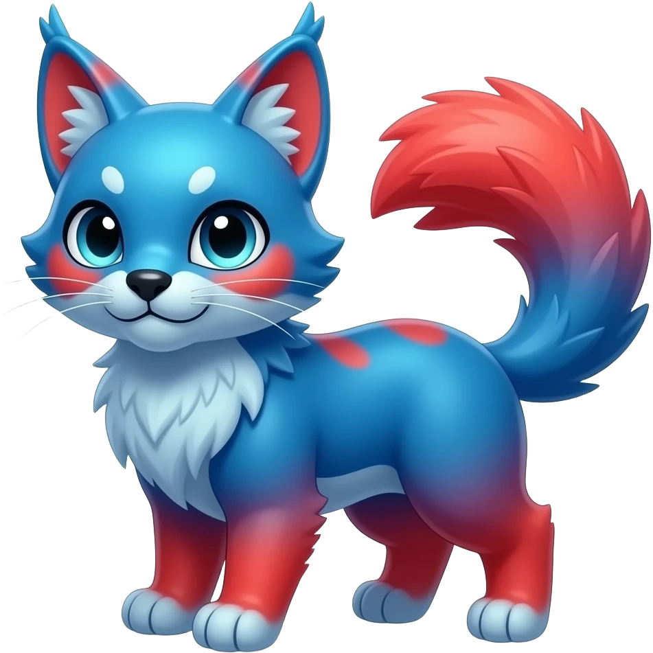 Cute kawaii cool edgy badass vibrant cyan-cobalt-blue-to-crimson-red gradient-colored iridescent glossy fur fantasy-caracal-civet-genet-sergal-vernid-Gryphon-Cacomistle-Trico-oncilla-animal-Fakémon-hybrid-fursona (full body), facial markings, (realism style) emoji