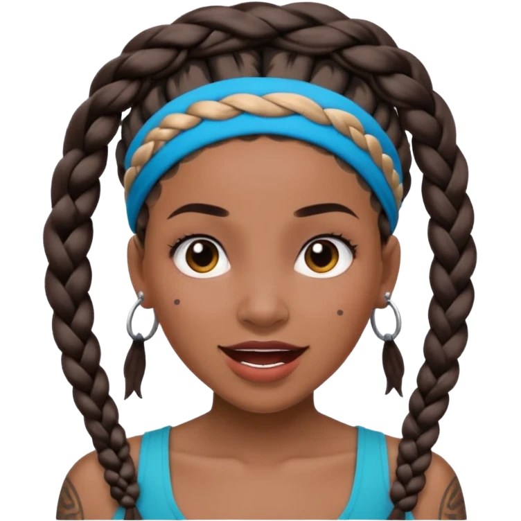 big lose braids starting from the top of the head woman face wiith big visible braids and mono color headband on head excited face and braids as big as headband and lots and lots of face tattoos emoji