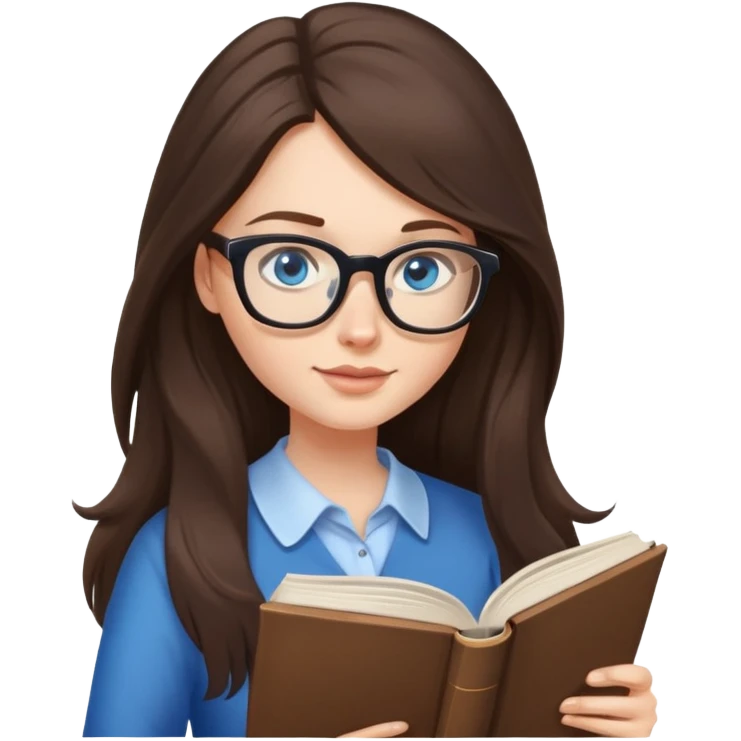 Long hair brunette woman with blue eyes and glasses reading a book emoji